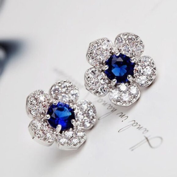 Pave Sapphire Blue Crystal Flower Stud Earrings - Picture 1 of 4